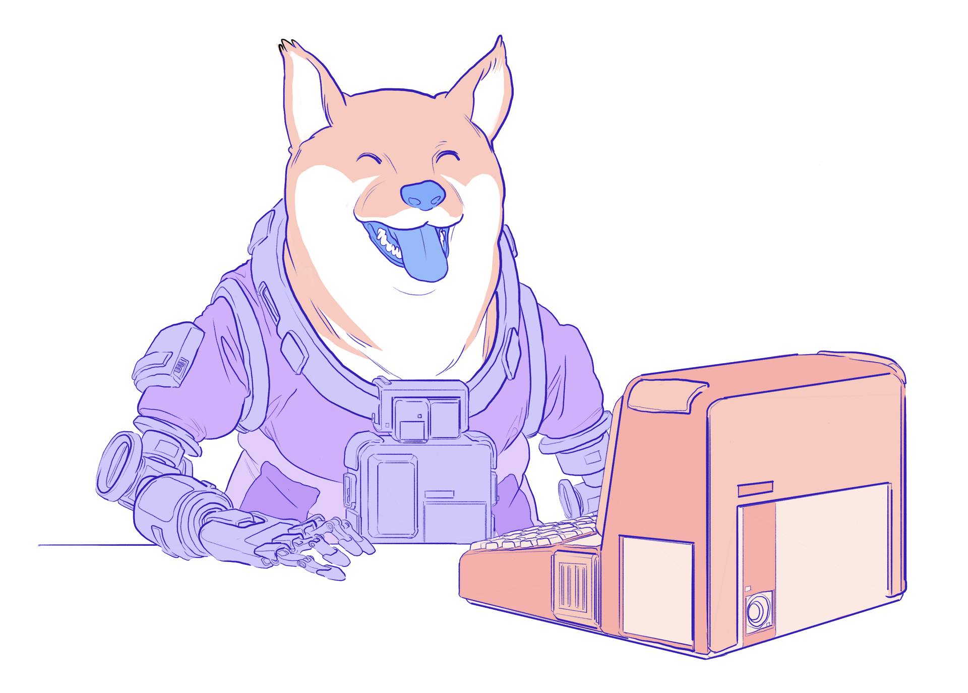 Doge smiling at the computer